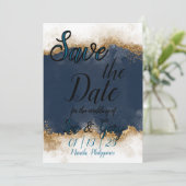 Royal Blue & Gold Stardust Save the Date Kaart (Staand voorkant)