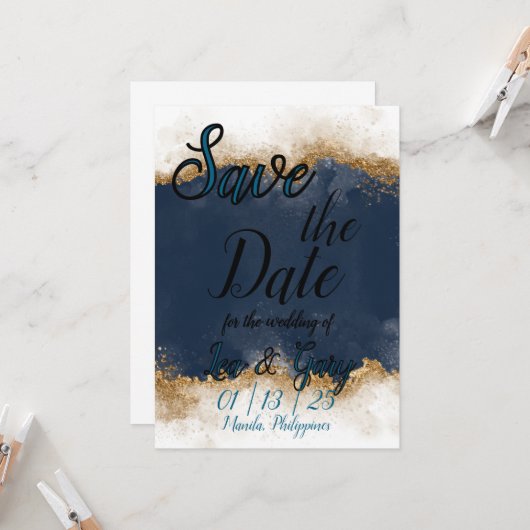 Royal Blue & Gold Stardust Save the Date Kaart (Voorkant / Achterkant in situ)