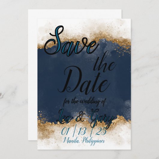 Royal Blue & Gold Stardust Save the Date Kaart (Voorkant / Achterkant)