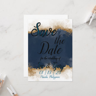 Royal Blue & Gold Stardust Save the Date Kaart
