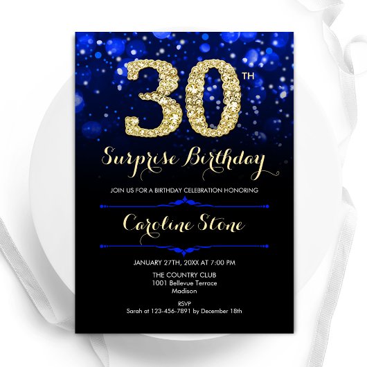 Royal Blue Gold Surprise 30e verjaardag Kaart