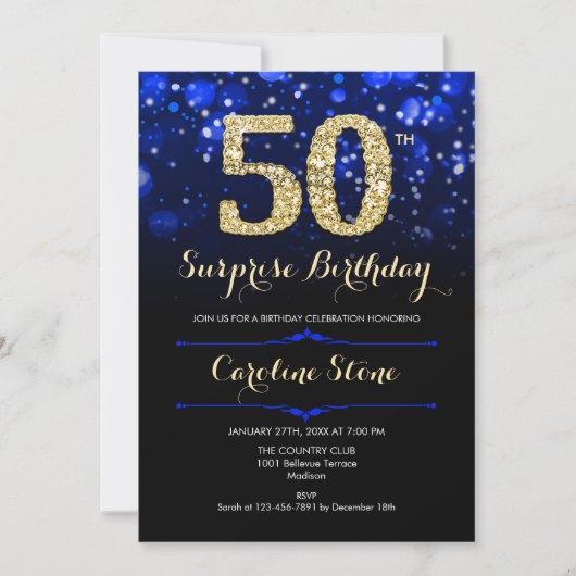 Royal Blue Gold Surprise 50th Birthday Kaart (Voorkant)