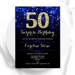 Royal Blue Gold Surprise 50th Birthday Kaart<br><div class="desc">Verrassing 50ste verjaardag uitnodiging. Elegant koninklijk blauw ontwerp met faux glitter goud. Beschikt over stijlvolle diamanten, bokeh-lampjes en scriptlettertype. Mannen of vrouwen dagelijks uitnodigen. Perfect voor een stijlvol verjaardagsfeestje voor volwassenen. Personaliseer met uw eigen gegevens. Stuur me een bericht als je nog meer maatwerk nodig hebt. Gedrukte Zazzle-uitnodigingen of direct...</div>