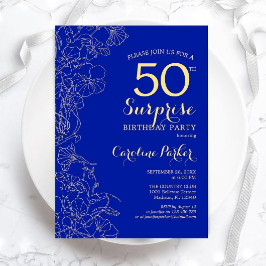 Royal Blue Gold Surprise 50th Birthday Party Kaart