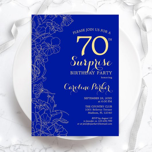 Royal Blue Gold Surprise 70th Birthday Party Kaart