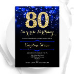 Royal Blue Gold Surprise 80th Birthday Kaart<br><div class="desc">Verrassing 80ste verjaardag uitnodiging. Elegant koninklijk blauw ontwerp met faux glitter goud. Beschikt over stijlvolle diamanten, bokeh-lampjes en scriptlettertype. Mannen of vrouwen dagelijks uitnodigen. Perfect voor een stijlvol verjaardagsfeestje voor volwassenen. Personaliseer met uw eigen gegevens. Stuur me een bericht als je nog meer maatwerk nodig hebt. Gedrukte Zazzle-uitnodigingen of direct...</div>