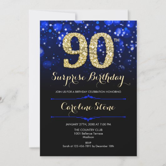 Royal Blue Gold Surprise 90th Birthday Kaart (Voorkant)