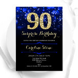 Royal Blue Gold Surprise 90th Birthday Kaart<br><div class="desc">Verrassing 90ste verjaardag uitnodiging. Elegant koninklijk blauw ontwerp met faux glitter goud. Beschikt over stijlvolle diamanten, bokeh-lampjes en scriptlettertype. Mannen of vrouwen dagelijks uitnodigen. Perfect voor een stijlvol verjaardagsfeestje voor volwassenen. Personaliseer met uw eigen gegevens. Stuur me een bericht als je nog meer maatwerk nodig hebt. Gedrukte Zazzle-uitnodigingen of direct...</div>