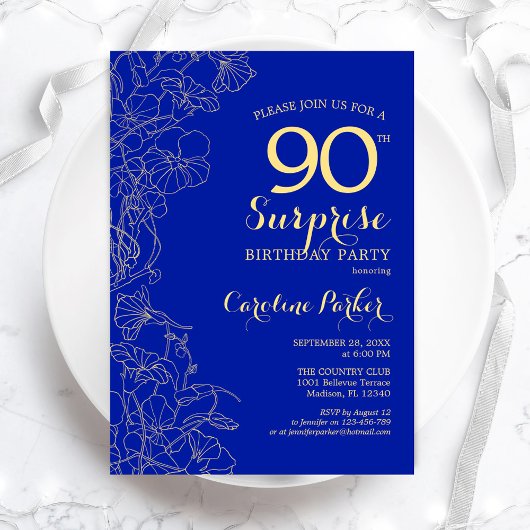 Royal Blue Gold Surprise 90th Birthday Party Kaart