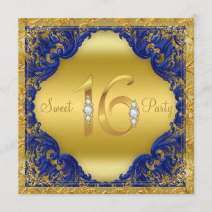 Royal Blue Gold Swirl Sweet 16 Party Kaart