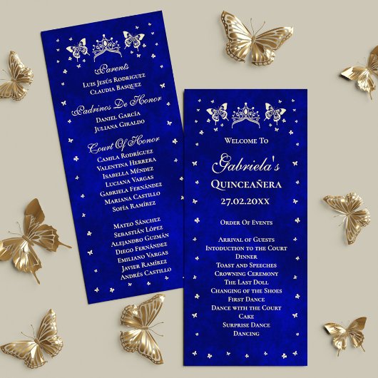 Royal Blue Gold Tiara Butterfly 15th Quinceañera Programmakaart