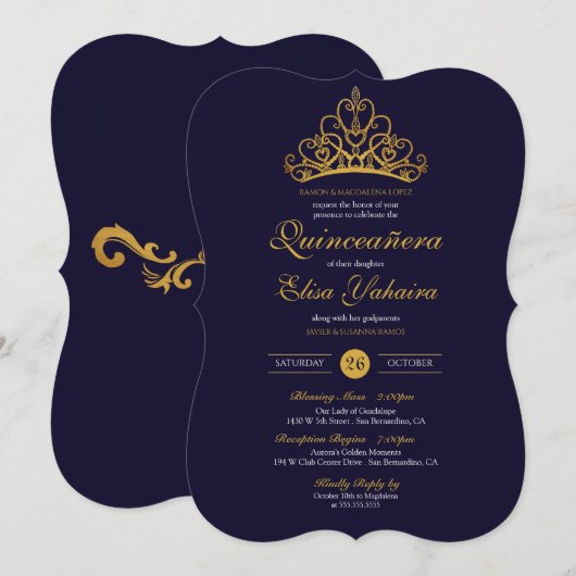 Royal Blue Gold Tiara Crown Elegant Quinceañera Kaart (Voorkant / Achterkant)