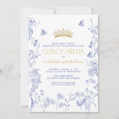 Royal Blue Gold Tiara Floral Butterfly Quinceañera Kaart (Voorkant)
