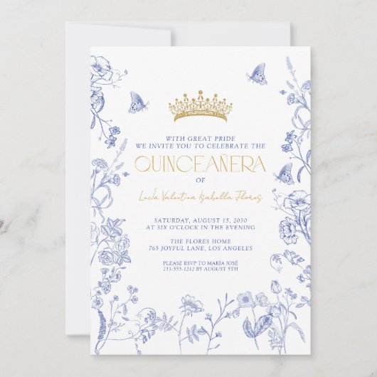 Royal Blue Gold Tiara Floral Butterfly Quinceañera Kaart (Voorkant)