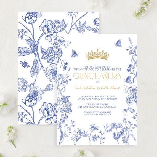 Royal Blue Gold Tiara Floral Butterfly Quinceañera Kaart