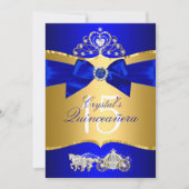 Royal Blue Gold Tiara Pearl Bow Quinceanera Kaart (Voorkant)