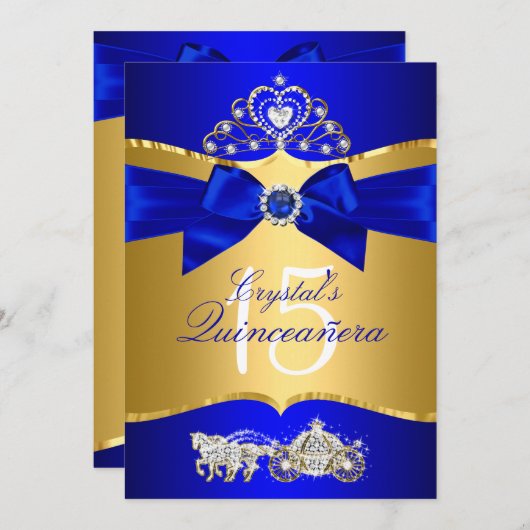 Royal Blue Gold Tiara Pearl Bow Quinceanera Kaart (Voorkant / Achterkant)