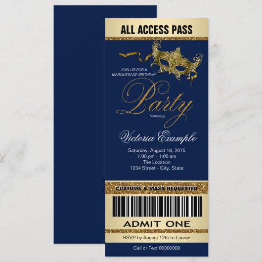 Royal Blue Gold Ticket Style Masquerade Party Kaart (Voorkant / Achterkant)