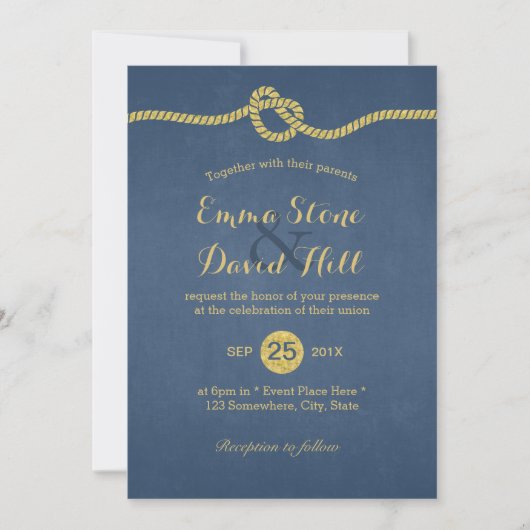 Royal Blue & Gold Tying the Knot Wedding Kaart (Voorkant)