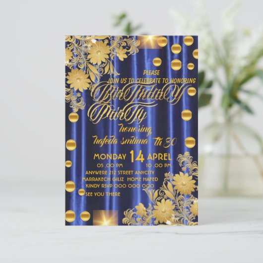 Royal Blue Gold verjaardagsfeestje uitnodiging, vr Kaart (Staand voorkant)