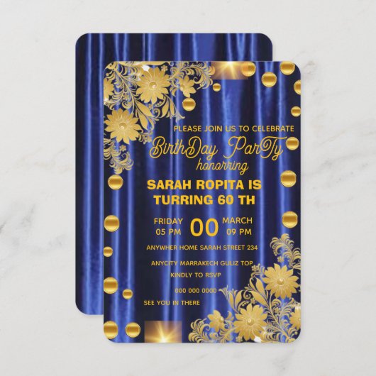 Royal Blue Gold verjaardagsfeestje uitnodiging, vr Save The Date (Voorkant / Achterkant)