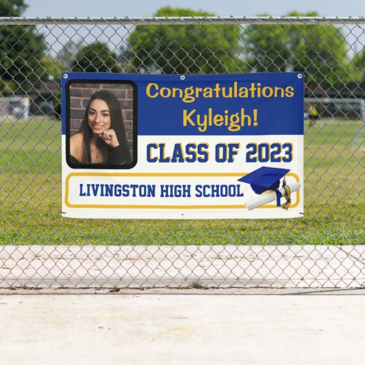 Royal Blue & Gold Vinyl Afstuderen Spandoek (Insitu)