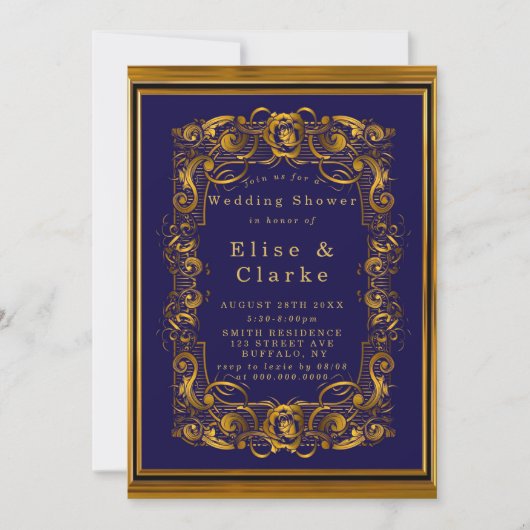 Royal Blue Gold Vourish Wedding Shower nodigt (Voorkant)