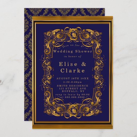 Royal Blue Gold Vourish Wedding Shower nodigt (Voorkant / Achterkant)