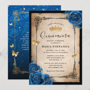 Royal Blue Gold Waterverf Elegant Quinceanera Kaart