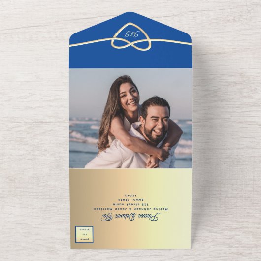 Royal Blue Gold Wedding All In One Uitnodiging (Buitenkant)