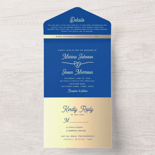 Royal Blue Gold Wedding All In One Uitnodiging (Binnen)