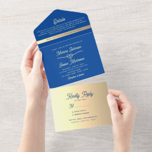 Royal Blue Gold Wedding All In One Uitnodiging