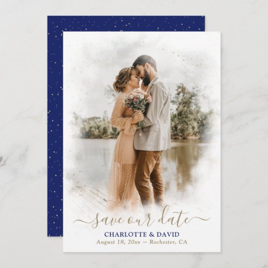 Royal Blue Gold Wedding Photo Save Our Date Kaart (Voorkant / Achterkant)