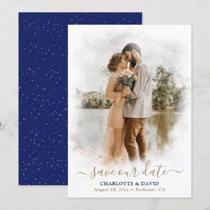 Royal Blue Gold Wedding Photo Save Our Date Kaart