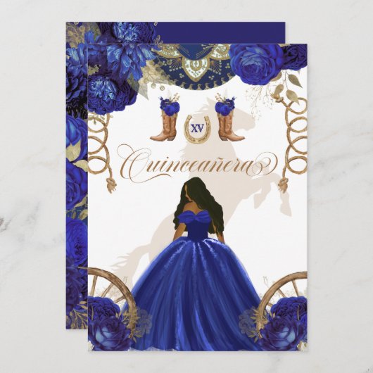 Royal Blue Gold Western Charro 2-Sided Quinceanera Kaart (Voorkant / Achterkant)