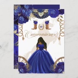 Royal Blue Gold Western Charro 2-Sided Quinceanera Kaart