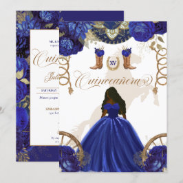 Royal Blue Gold Western Charro 2-Sided Quinceanera Kaart