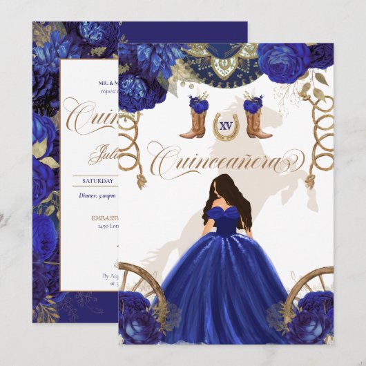 Royal Blue Gold Western Charro 2-Sided Quinceanera Kaart (Voorkant / Achterkant)