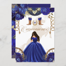 Royal Blue Gold Western Charro 2-Sided Quinceanera Kaart
