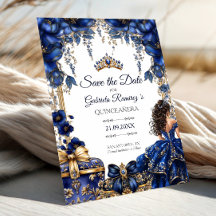 Royal Blue Golden Tiara Floral Quinceañera