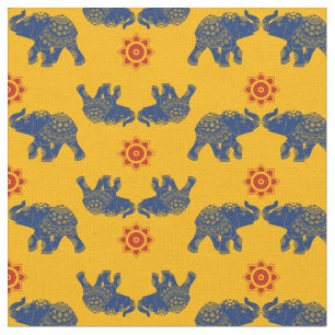 Royal Blue, Golden Yellow Jeweled Elephants Indian Stof