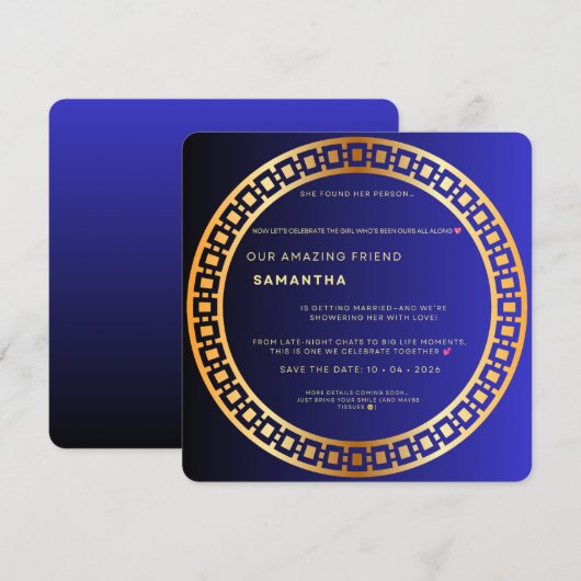 Royal Blue & Goud Bruiloftsuitnodiging – Elega Kaart (Voorkant / Achterkant)