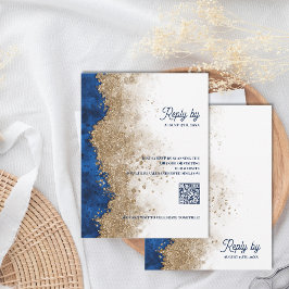 Royal Blue & Goud Huwelijks RSVP met QR Code Kaartje