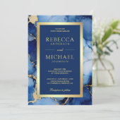 Royal Blue Goud Vloeibare Inkt QR Code Trouwen Kaart (Staand voorkant)