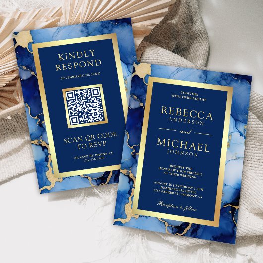 Royal Blue Goud Vloeibare Inkt QR Code Trouwen Kaart