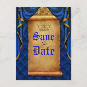 Royal Blue Gouden Gordijnen Scroll Huwelijksdatum Aankondigingskaart