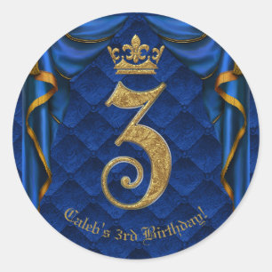 Royal Blue & Gouden Kroon 3 3e Verjaardagsfeestje  Ronde Sticker