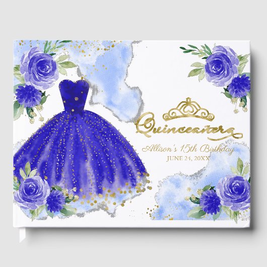 Royal Blue Gown Floral Quinceanera Gastenboek (Voorkant)