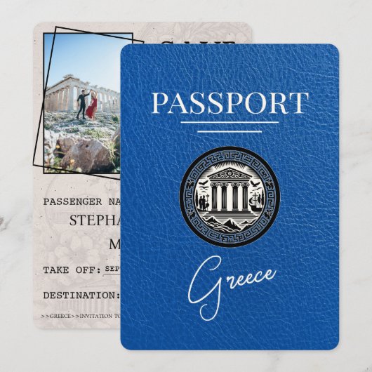 Royal Blue Greece Passport Save the Date Kaart (Voorkant / Achterkant)