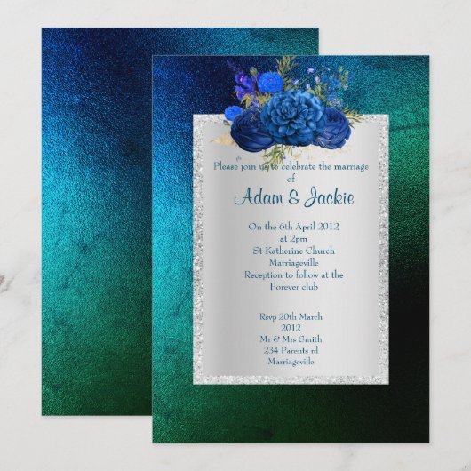 ROYAL BLUE green Floral bouquet ELEGANT WEDDING Kaart (Voorkant / Achterkant)